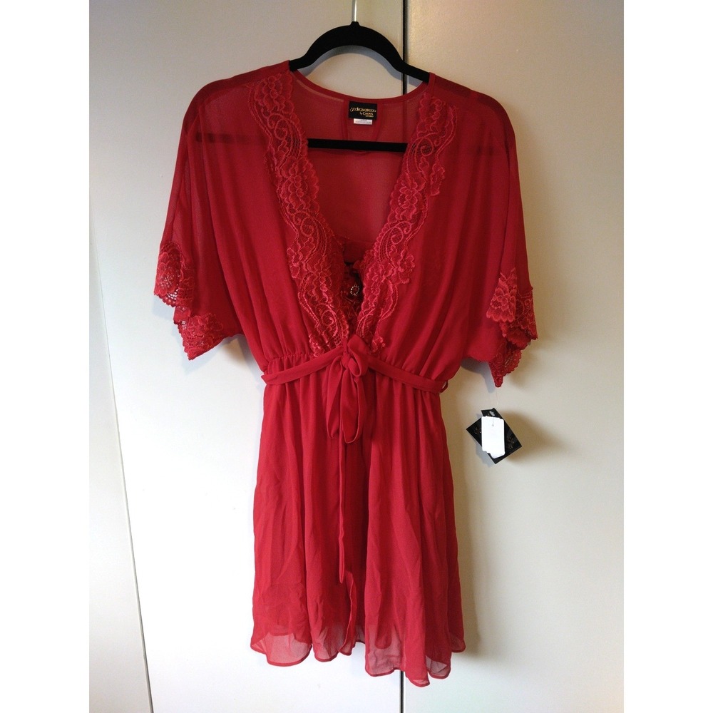 Seductive Wear Lace Trimmed Lingerie Set 3 Piece Size L Red Babydoll Slip & Robe